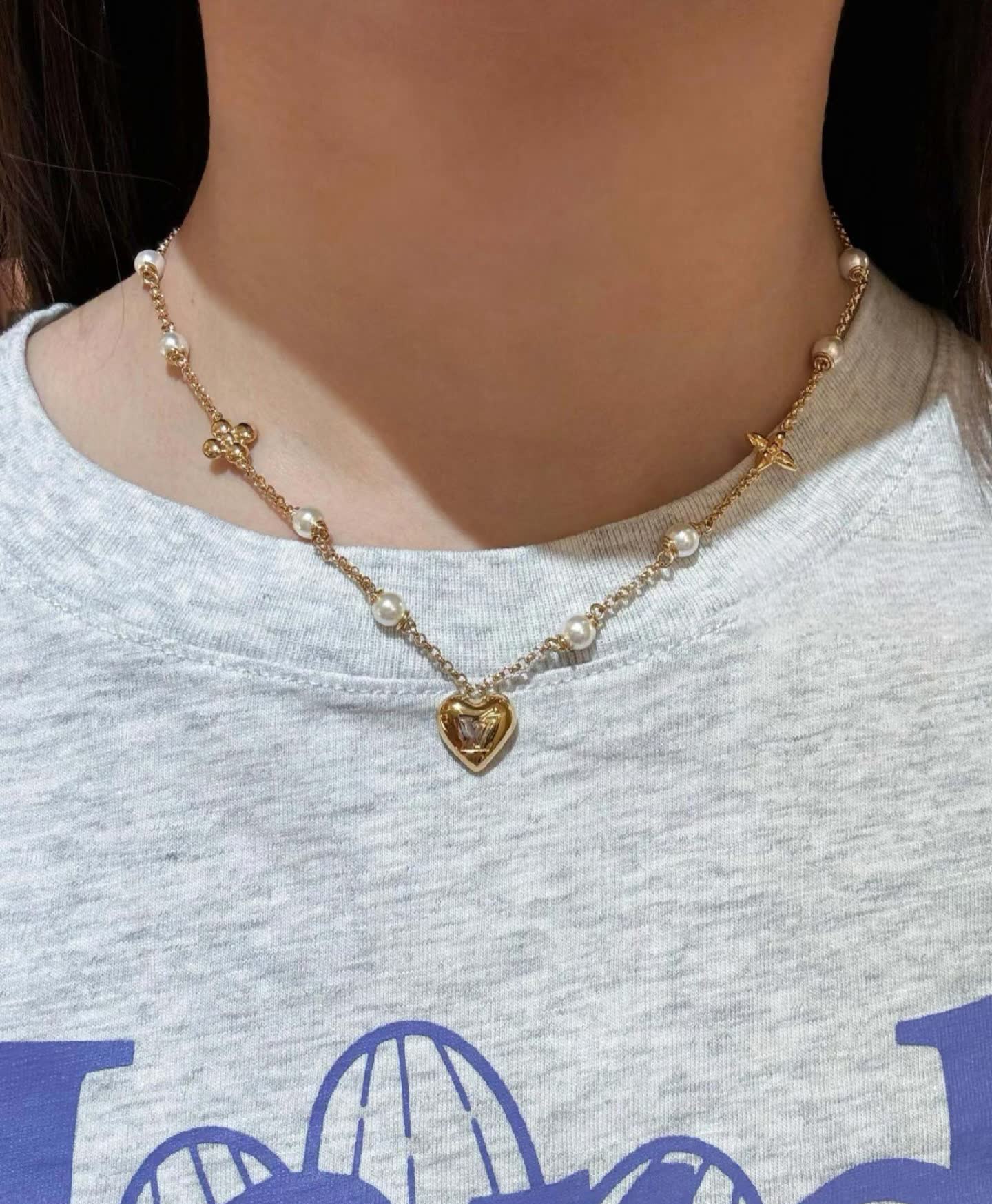 Louis Vuitton Gold Heart Necklace with Pearls